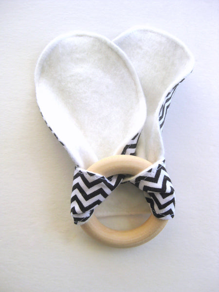 Black and White Chevron Wood Bunny Ear TEETHER - Monochrome Baby Gift - Organic Baby Teether
