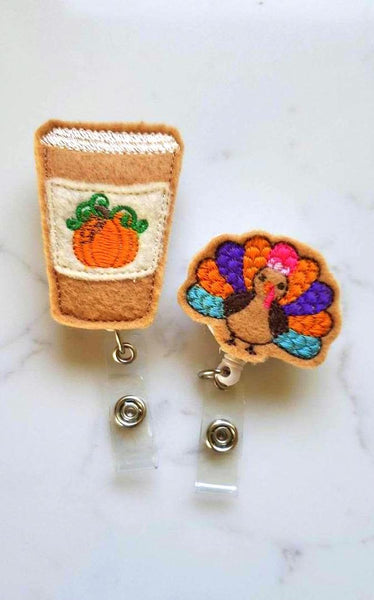 Thanksgiving Badge Holders - Turkey Badge Reels - Retractable ID Badge Clips for Teacher - Pumpkin Spice Latte Nurse Badge Reel