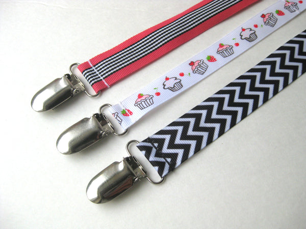 Pink and Black Baby Girl Pacifier Clip Set of 3 - Baby Girl Gift - Universal PACIFIER CLIP
