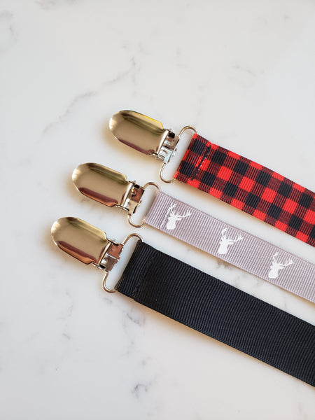 Red Plaid PACIFIER CLIP - Baby Boy Shower Gift Set - Boys Universal Pacifier Holder - Deer Head Soother Clip