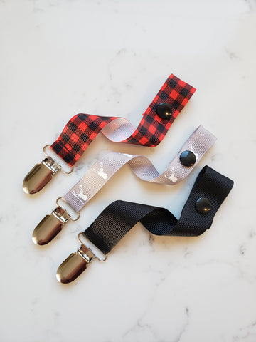 Red Plaid PACIFIER CLIP - Baby Boy Shower Gift Set - Boys Universal Pacifier Holder - Deer Head Soother Clip