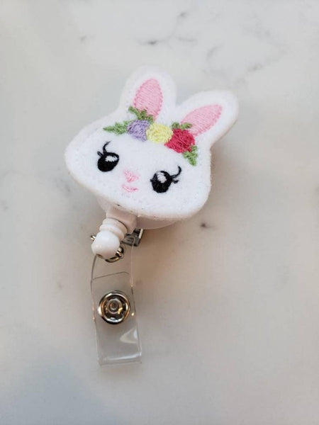 cute bunny badge reel with floral crown