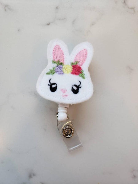 easter bunny badge reel with floral crown