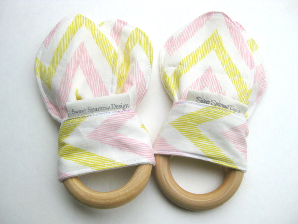 Pink Chevron Bunny Ear Teether - Organic Baby Teether - Wood Baby TEETHER - Baby Girl Shower Gift