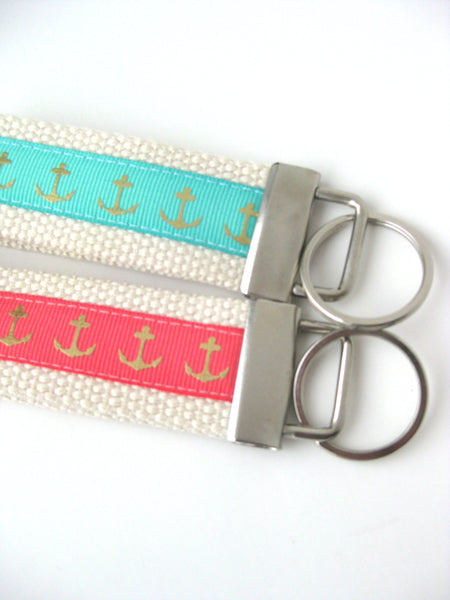 Womens KEY FOB- Anchor Key Chain- Gold Keychain Holder- Coral Mint Key Fob- Womens Gift for Her Under 10