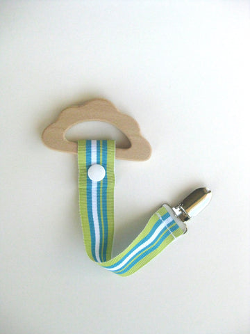 Wooden Cloud Teething Ring with Striped Pacifer Clip - Natural Wood Teether for Baby - Baby Shower Gift
