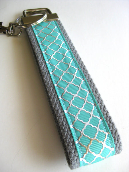 Mint and Silver Quatrefoil Wristlet Key Fob - Womens Wrist Keychain - Womens Gift for Her