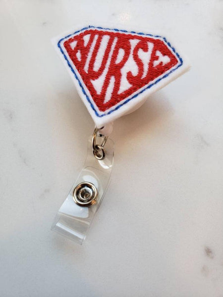 red and white super nurse badge reel