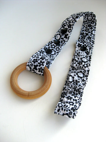 Black & White Floral TOY LEASH - Monochrome Baby Gift- Trendy Baby Gift Under 20- Teether Toy Strap- Baby Bottle Leash- Sippy Cup Leash