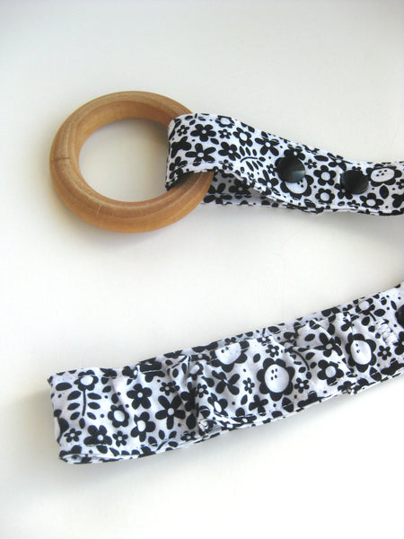 Black & White Floral TOY LEASH - Monochrome Baby Gift- Trendy Baby Gift Under 20- Teether Toy Strap- Baby Bottle Leash- Sippy Cup Leash