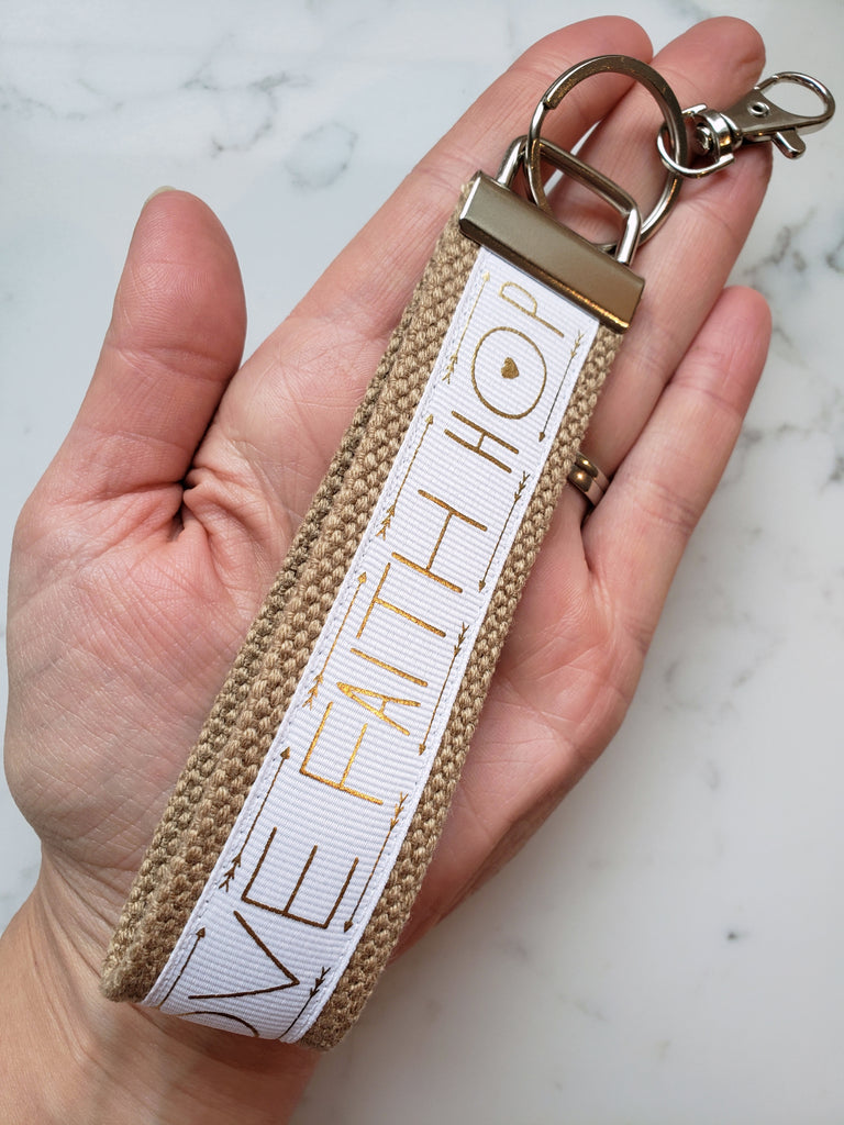 Gold Faith Hope Love Womens Wristlet Keychain - Womens Key Chain