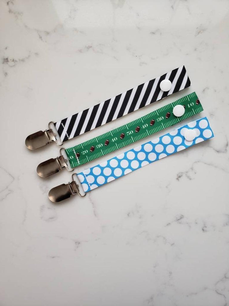 Football PACIFIER CLIP - Baby Boy Shower Gift Set - Boys Universal Pacifier Holder - Striped Soother Clip - Paci Clip Soothie String