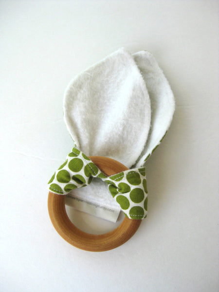 Organic Baby Teether- Wood Baby TEETHER- Green Bunny Ear Teether- Baby Teething Toy- Baby Shower Gift- Organic Baby Gift- Wood Ring Teether