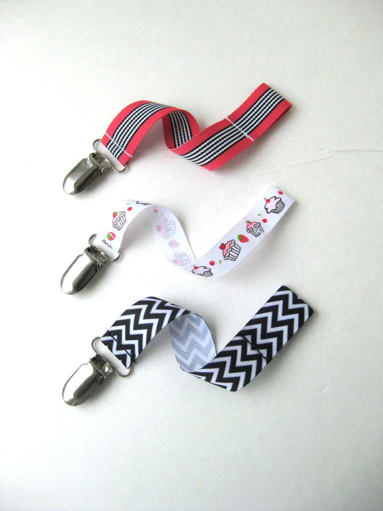 Pink and Black Baby Girl Pacifier Clip Set of 3 - Baby Girl Gift - Universal PACIFIER CLIP