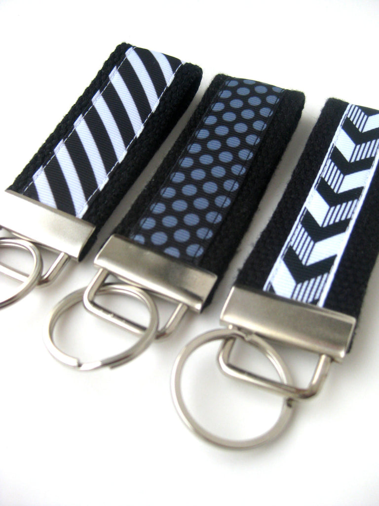 Womens Wristlet KEY FOB - Black and White Striped Key Chain - Black and Grey Dot Key Fob