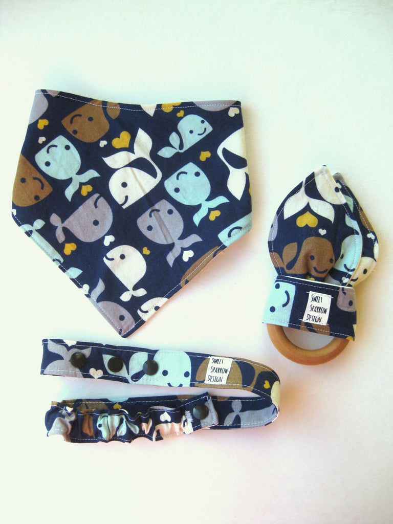 Boy Baby Gift Set- Whales Baby Bandana Bib- Organic Teether- Baby Teether- WOODEN Teething Ring- Natural Teether for Baby Shower Gift