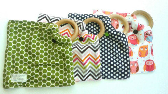 New Baby Girl Gift- Baby Shower Gift- Baby Lovey Blanket- New Baby Gift- Baby Teething Blanket- Teething Ring Blanket- Wood Baby Teether