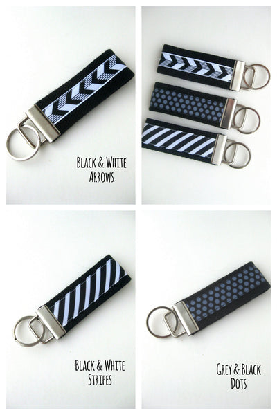 Womens Wristlet KEY FOB - Black and White Striped Key Chain - Black and Grey Dot Key Fob