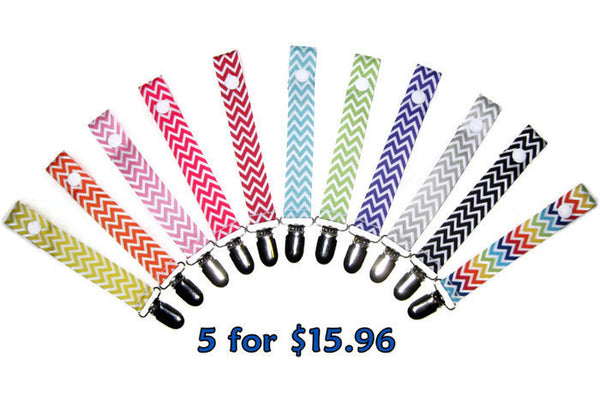 Set of 5 Chevron Pacifier Clips - Universal PACIFIER CLIP - Chevron Soother Clip - Trendy Baby Shower Gift