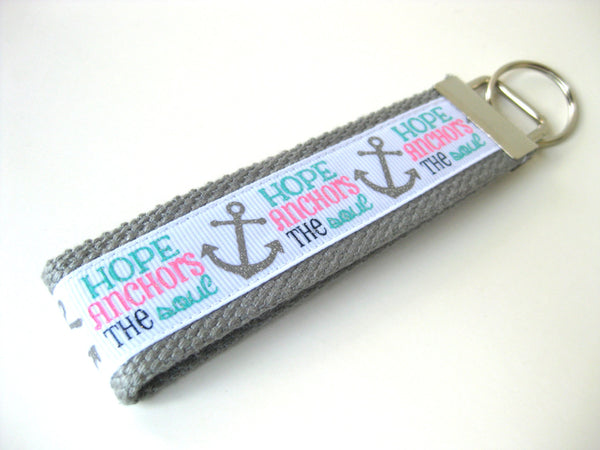Hope Anchor Key Fob- Womens Key Chain- Pink Grey KEY FOB- Wristlet Key Fob- Wrist Keychain- Key Lanyard- Womens Gift for Her- Gift Under 10